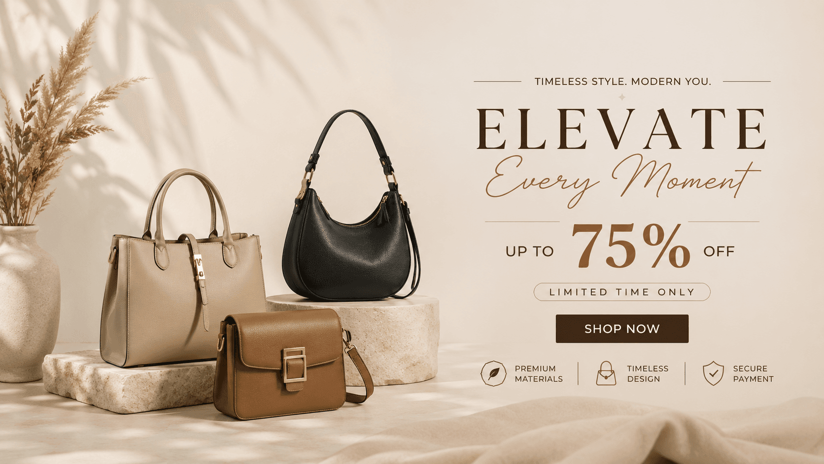 Elevate every moment — timeless style, modern you. Up to 75% off for a limited time. Taupe tote, black shoulder bag and tan satchel in grained leather.