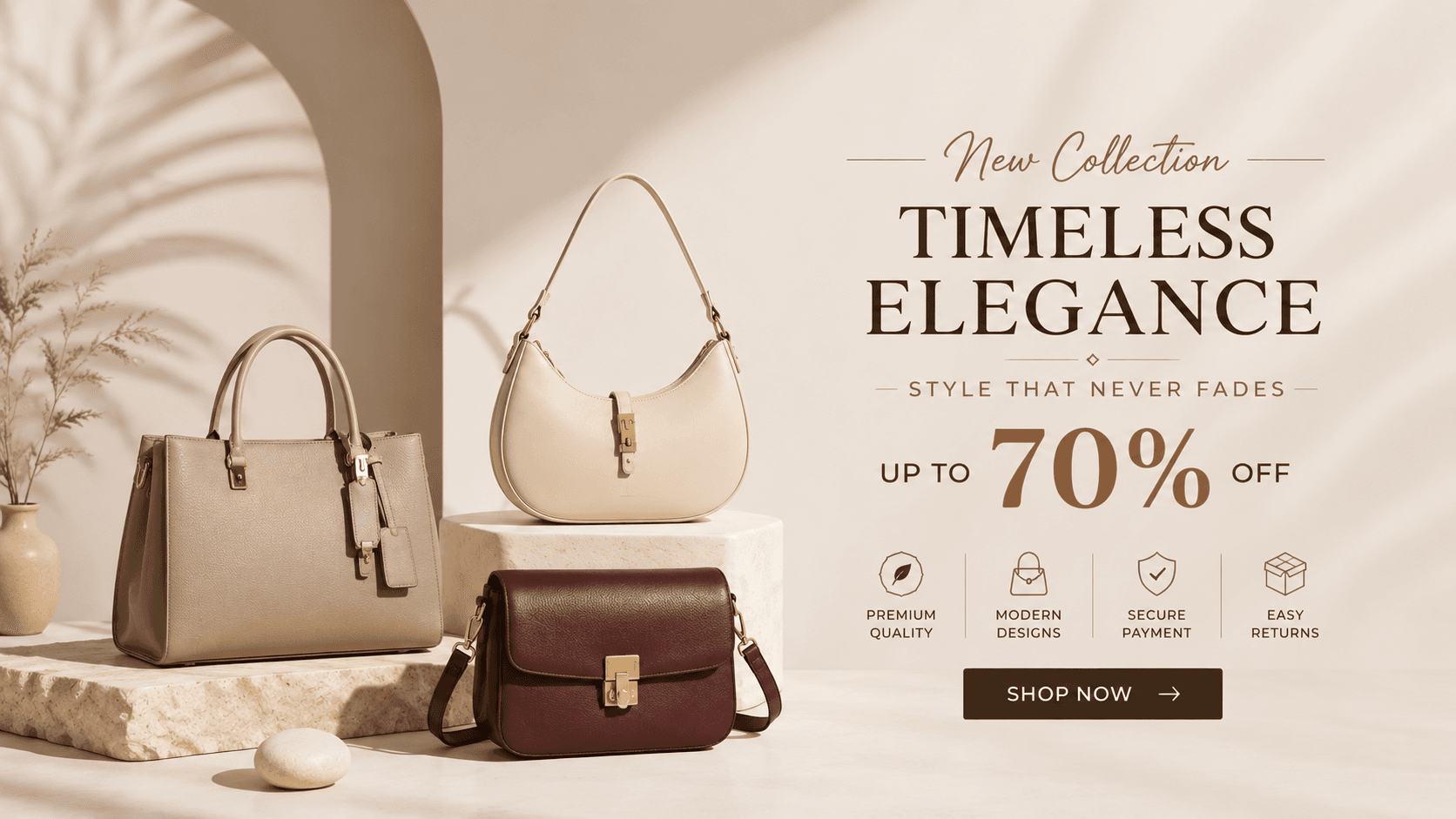 Timeless elegance, new collection — style that never fades. Up to 70% off. Taupe tote, cream shoulder bag and burgundy satchel in grained leather.